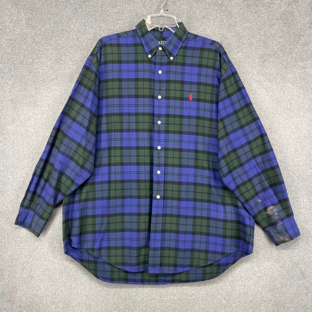 Polo Ralph Lauren Big Shirt Mens L Blue Green Plaid Black Watch 90s Oversized